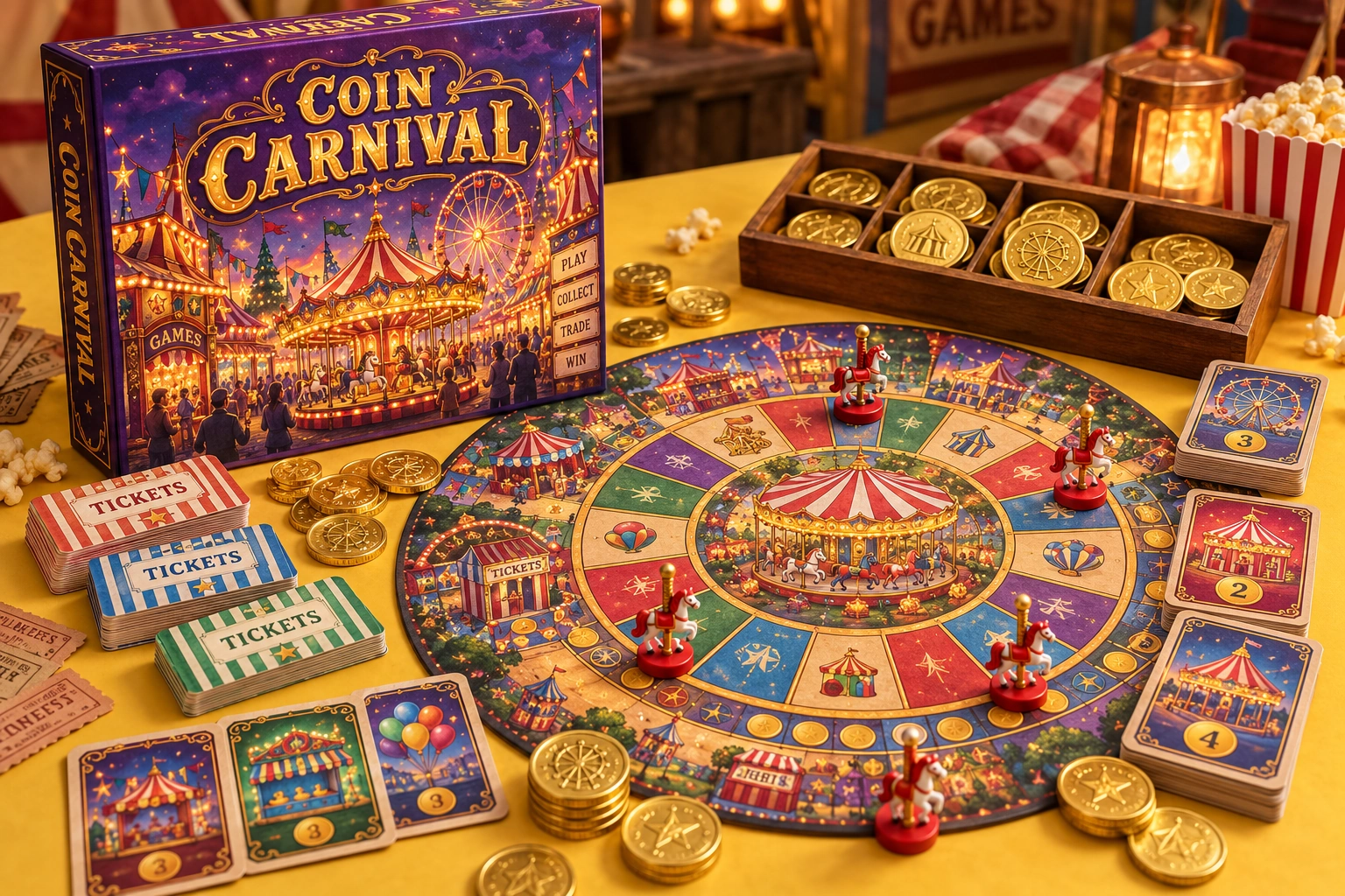 Coin Carnival, physical board game and playing pieces