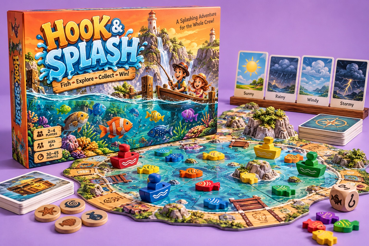 Hook & Splash, physical board game and playing pieces