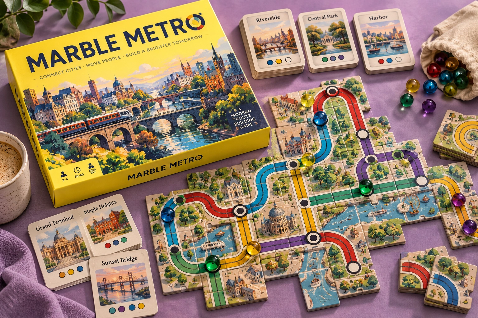 Marble Metro, physical board game and playing pieces