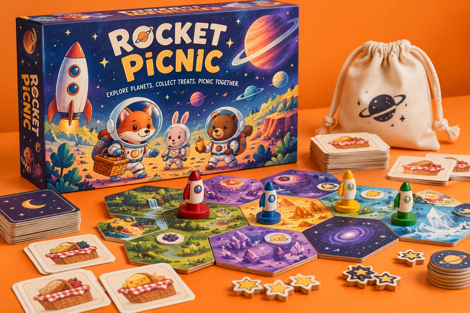 Rocket Picnic, physical board game and playing pieces