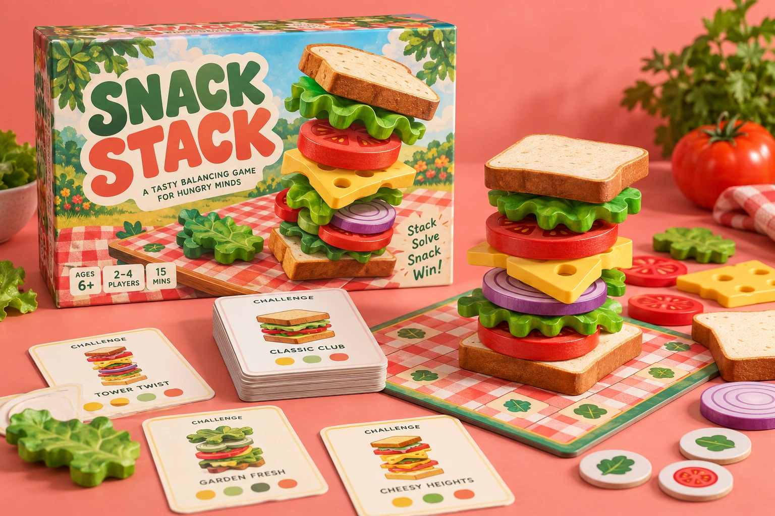 Snack Stack, physical board game and playing pieces